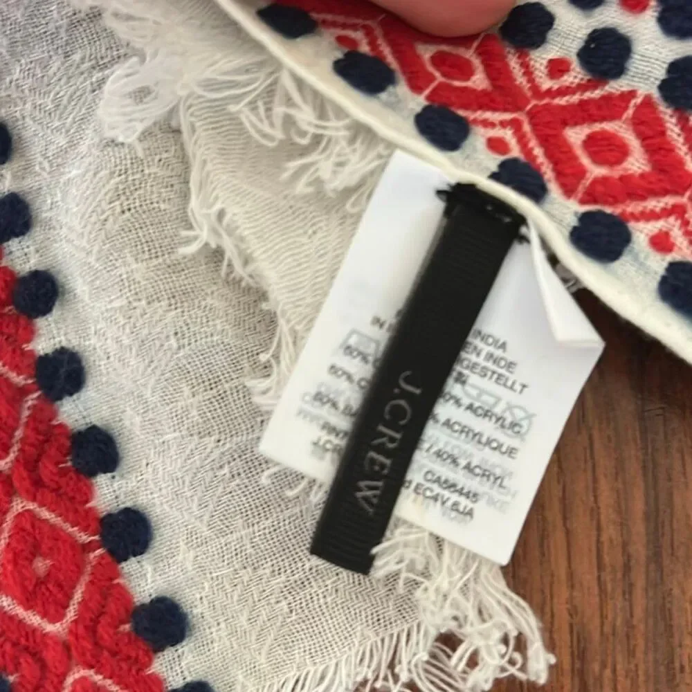J crew XL gauze lightweight shawl scarf. Cream red navy embroidered